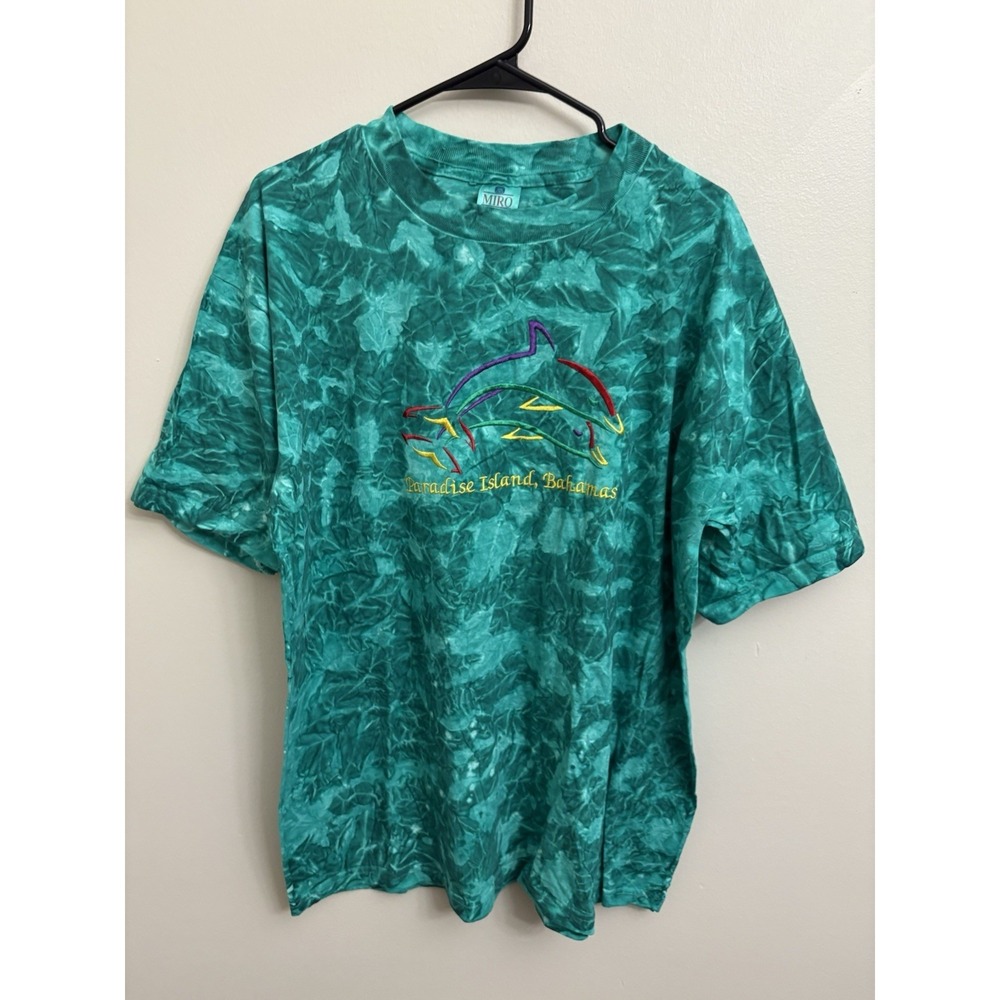VTG Miro Paradise Island Bahamas T Shirt Men XL Green Marble Tie Dye Dolphin